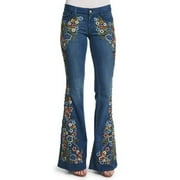Babysbule Fall Womens Jeans Women Embroidery Destoryed Flare Jeans Button High Waist Bell Bottom Denim Pants